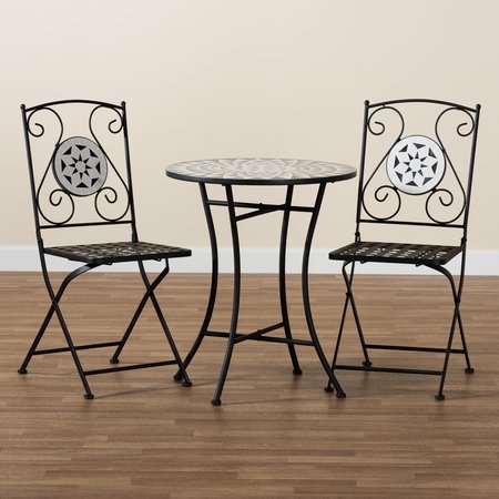 Baxton Studio Callison Contemporary Black Finished Metal and Multi-Colored Glass 3-Piece Outdoor Dining Set 206-12129-12128